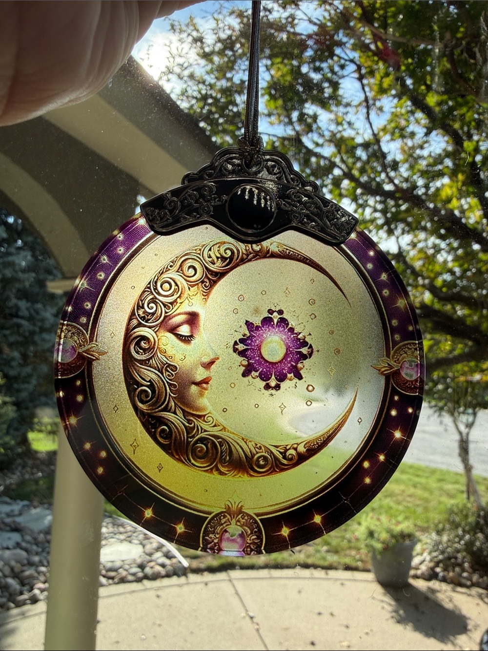 Celestial Moon & Flower Stained Glass Decor - Purple and Gold -New!